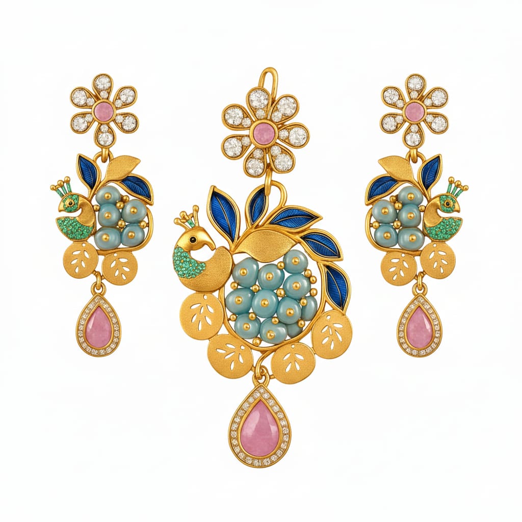 Pearl Enamel Peacock Ear Rings Set